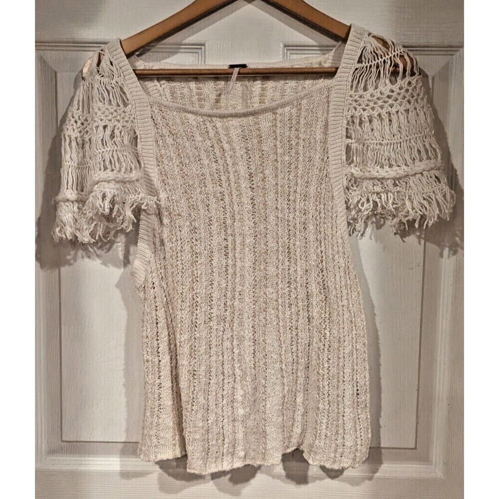Free People Cream Blackbird SS Crochet Sweater Top Sz S Fringe Short Sleeve